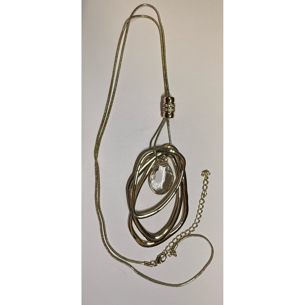 Premier Designs Gold Tone Necklace 32"L w 3 Ring Pendant Clear Stone Molten Arty